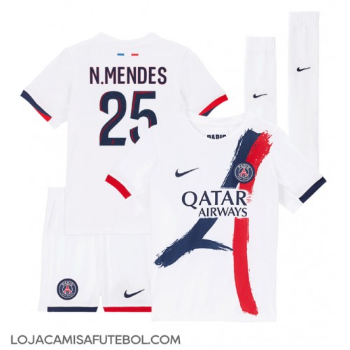 Camisa de Futebol Paris Saint-Germain Nuno Mendes #25 Equipamento Secundário Infantil 2024-25 Manga Curta (+ Calças curtas)